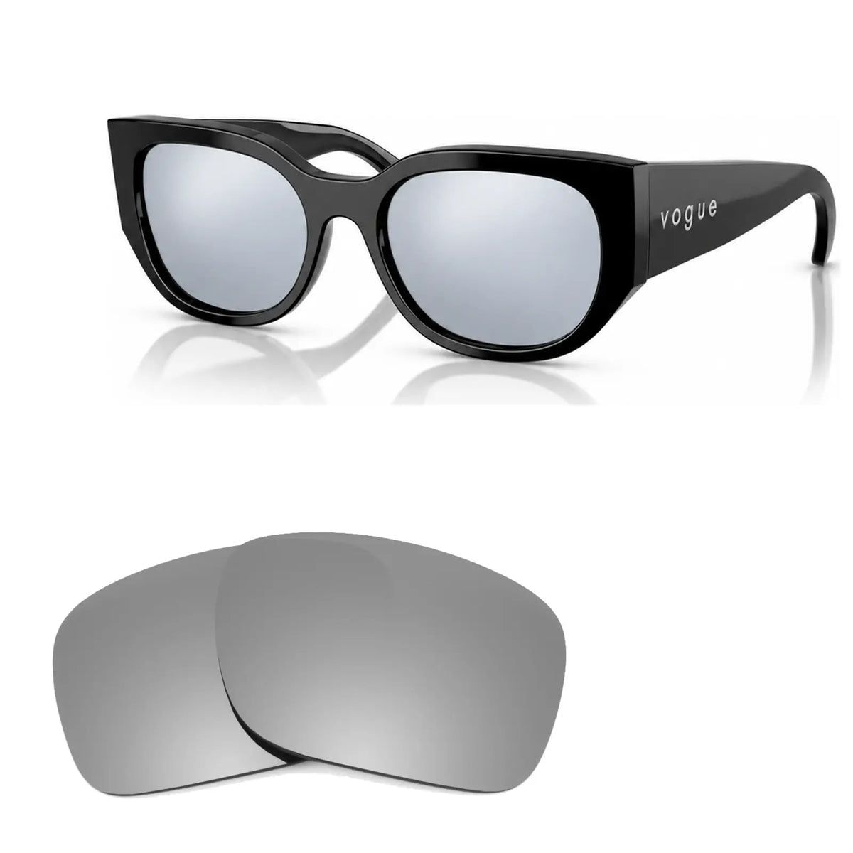 Vogue VO5641SU replacement lenses in mirrored silver, angled view of the frame with the pair of lenses below · ReFramed