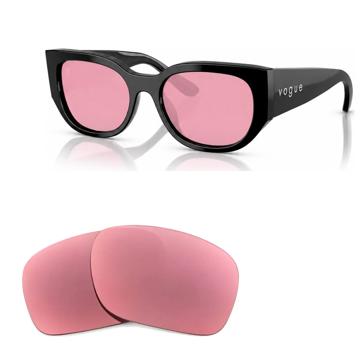 Vogue VO5641SU replacement lenses in pink, angled view of the frame with the pair of lenses below · ReFramed