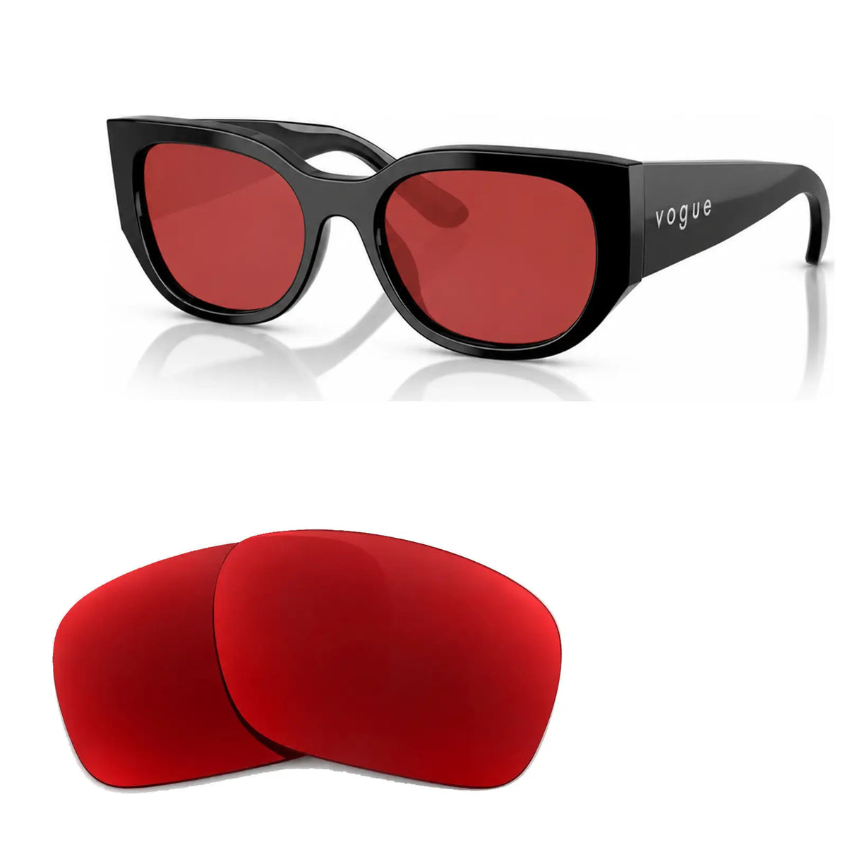 Vogue VO5641SU replacement lenses in red, angled view of the frame with the pair of lenses below · ReFramed