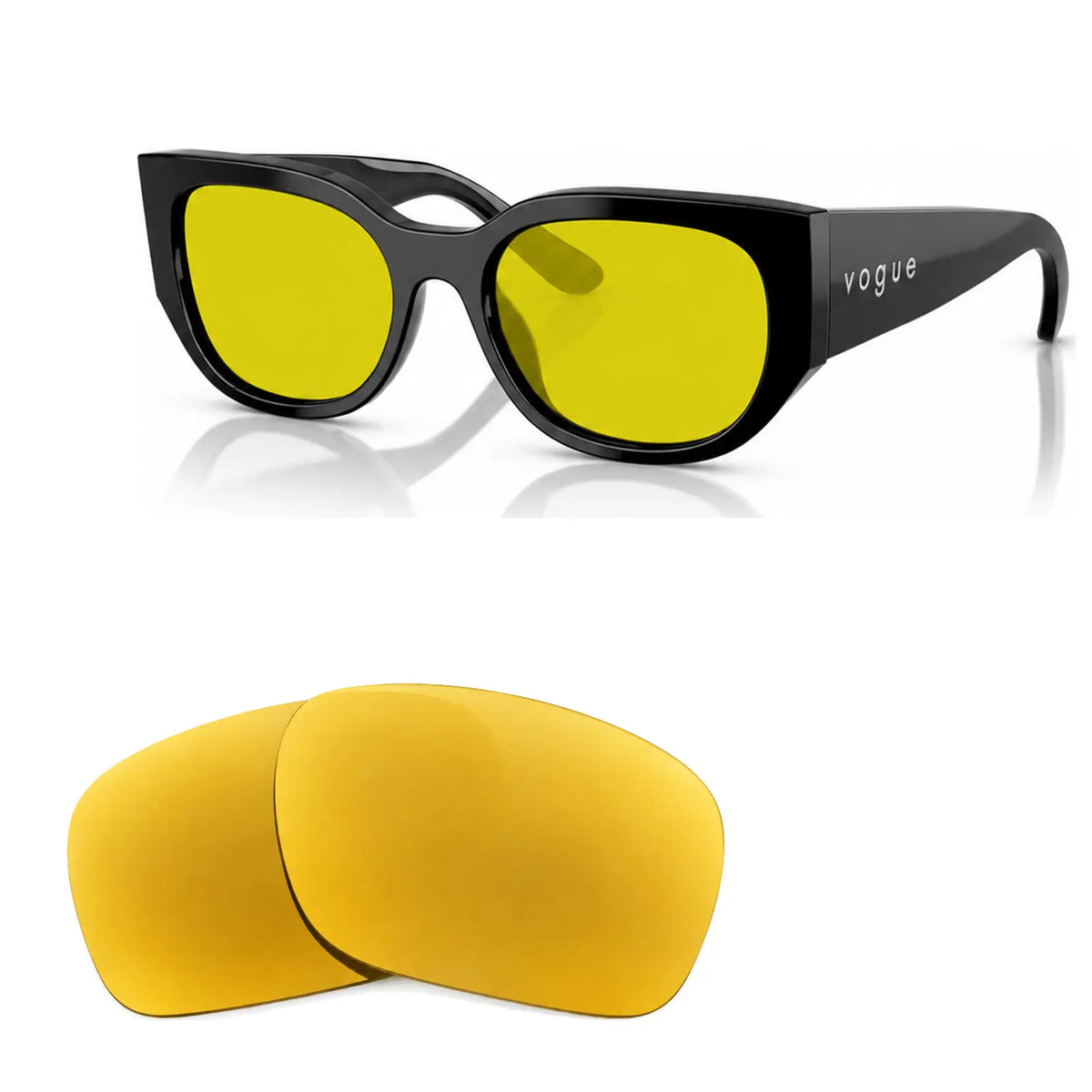 Vogue VO5641SU replacement lenses in yellow, angled view of the frame with the pair of lenses below · ReFramed