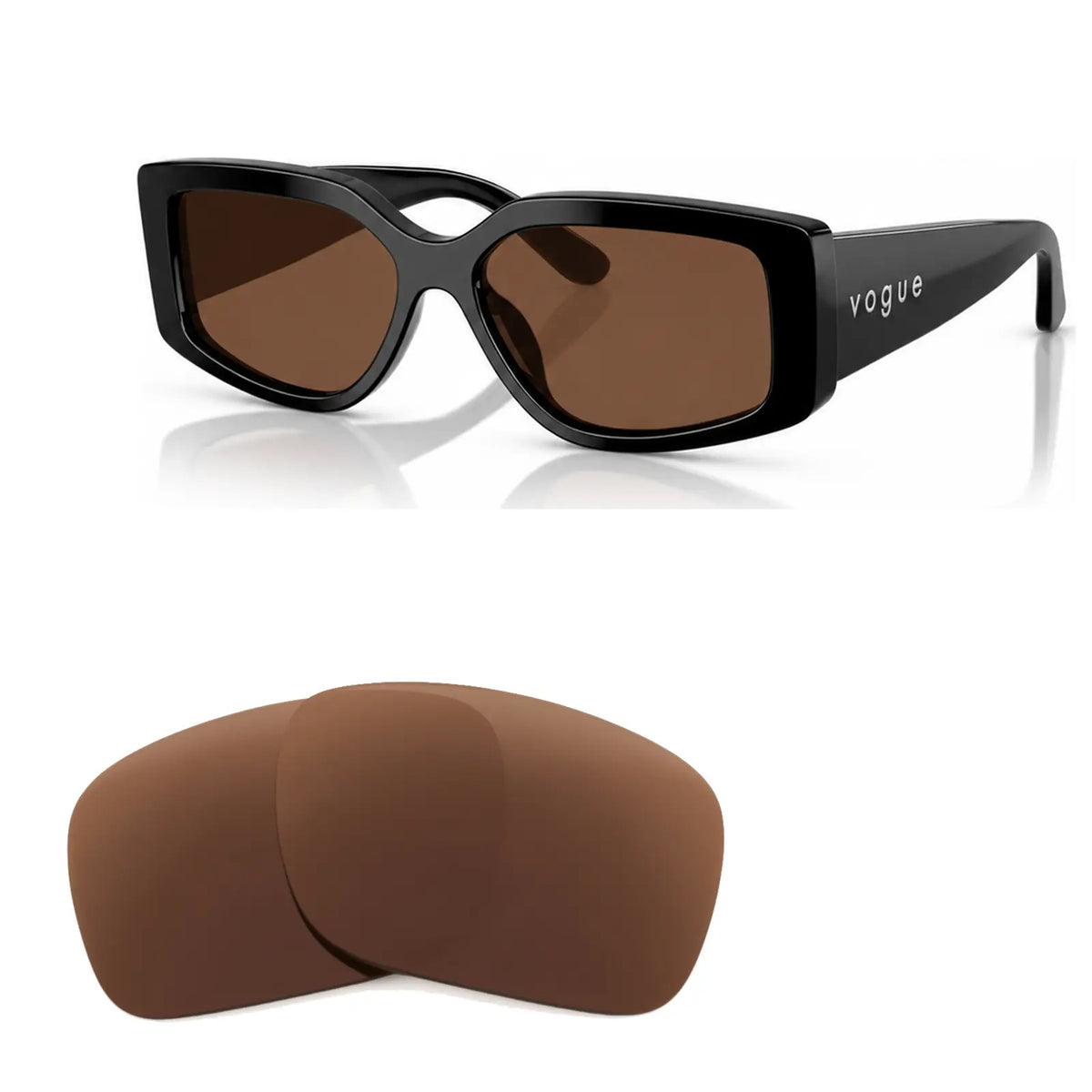 Vogue VO5642SU replacement lenses in brown, angled view of the frame with the pair of lenses below · ReFramed