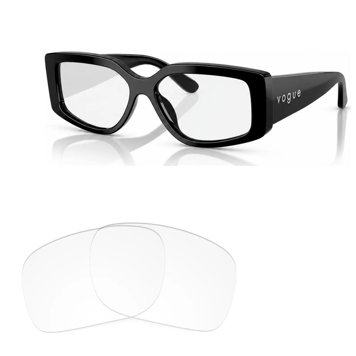Vogue VO5642SU replacement lenses in crystal clear, angled view of the frame with the pair of lenses below · ReFramed
