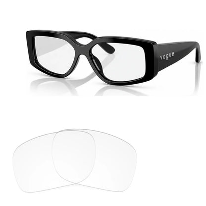 Vogue VO5642SU replacement lenses in crystal clear, angled view of the frame with the pair of lenses below · ReFramed
