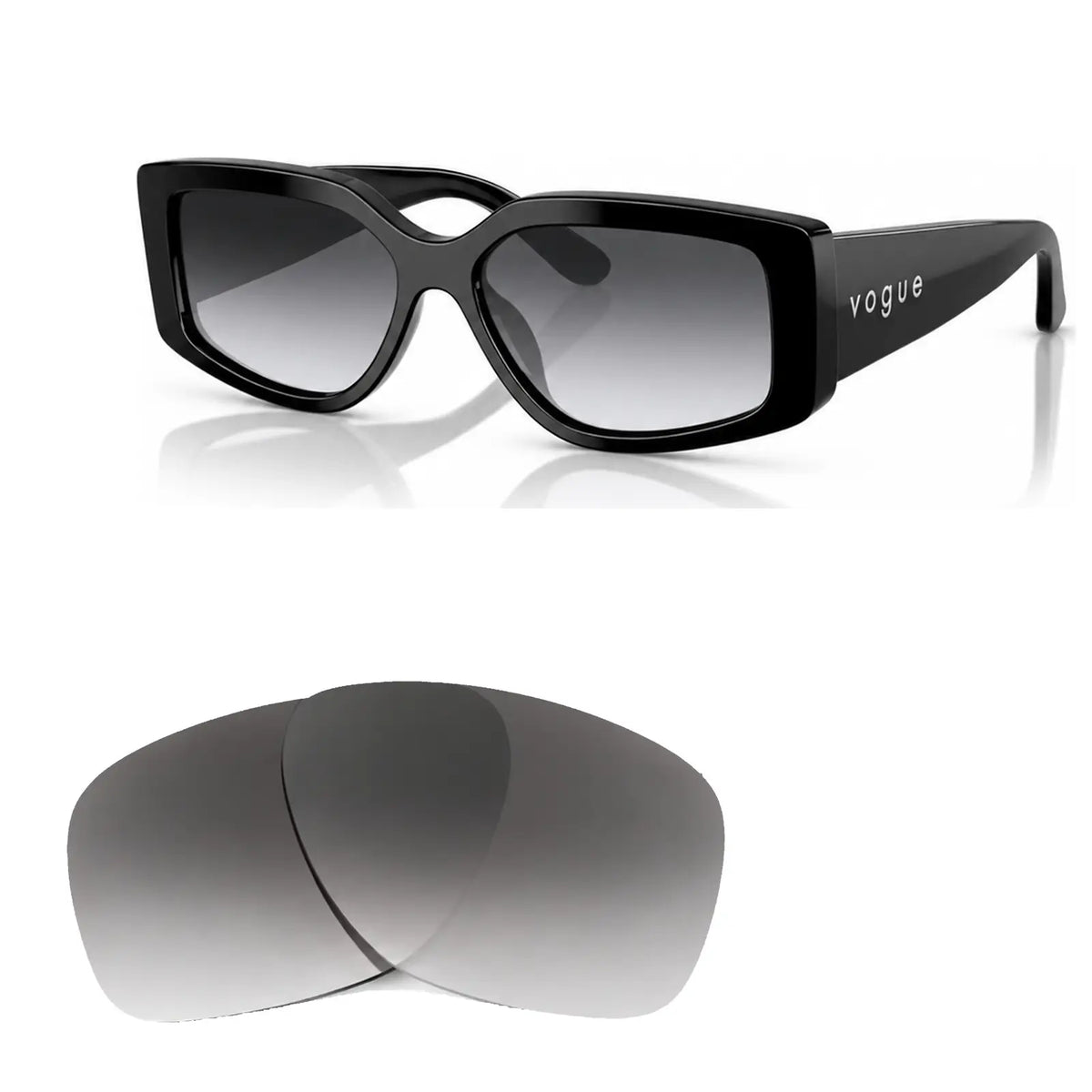 Vogue VO5642SU replacement lenses in gradient gray, angled view of the frame with the pair of lenses below · ReFramed