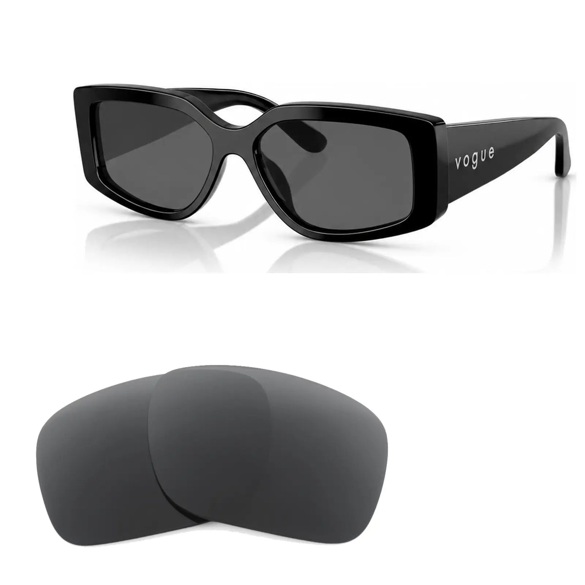 Vogue VO5642SU replacement lenses in gray, angled view of the frame with the pair of lenses below · ReFramed