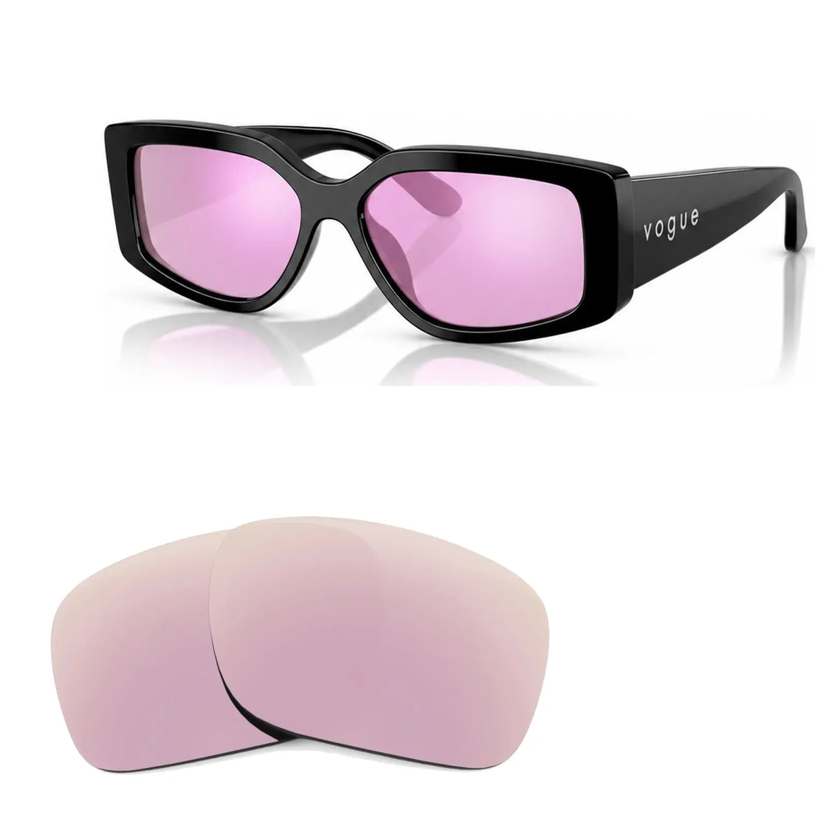 Vogue VO5642SU replacement lenses in mirrored pink, angled view of the frame with the pair of lenses below · ReFramed