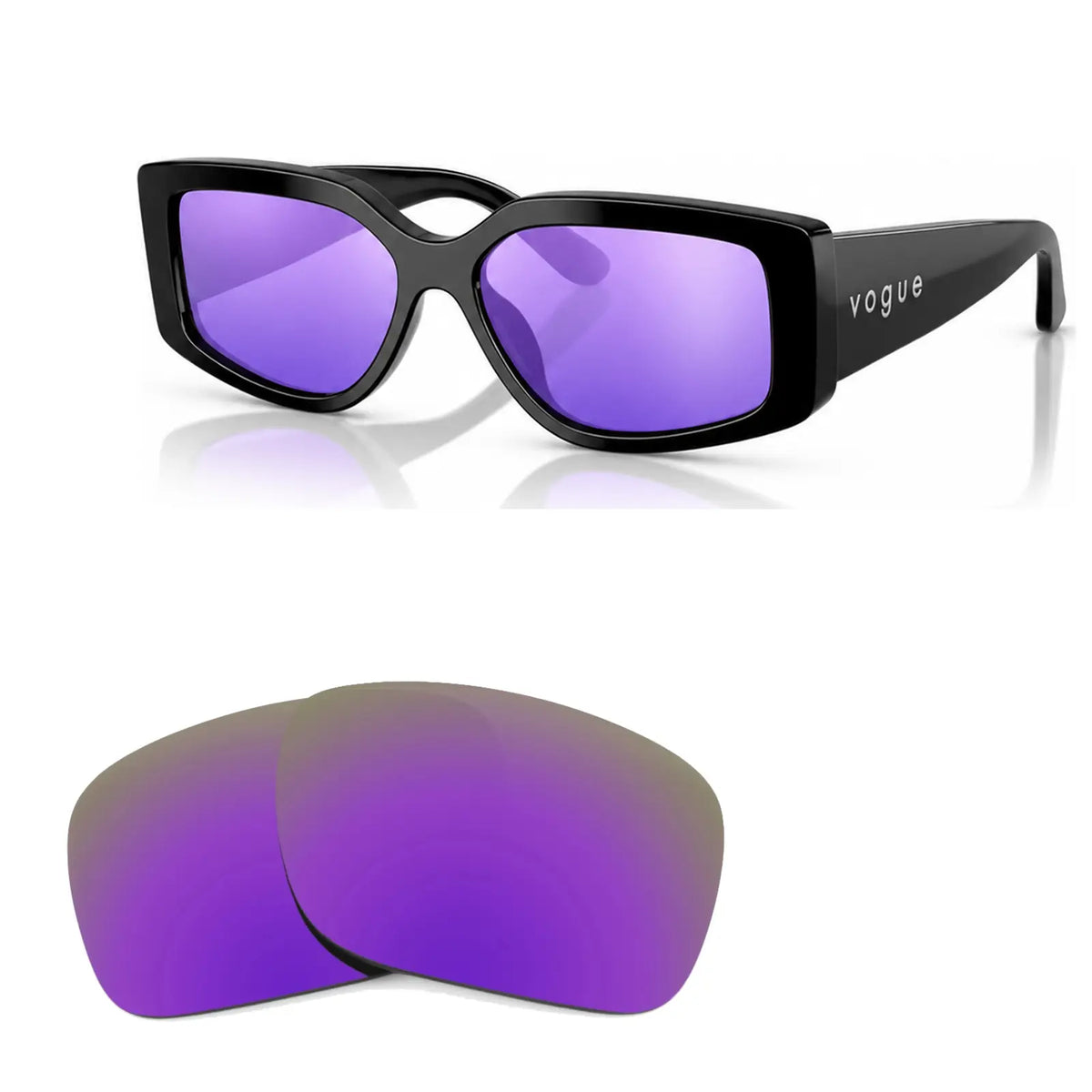 Vogue VO5642SU replacement lenses in mirrored purple, angled view of the frame with the pair of lenses below · ReFramed