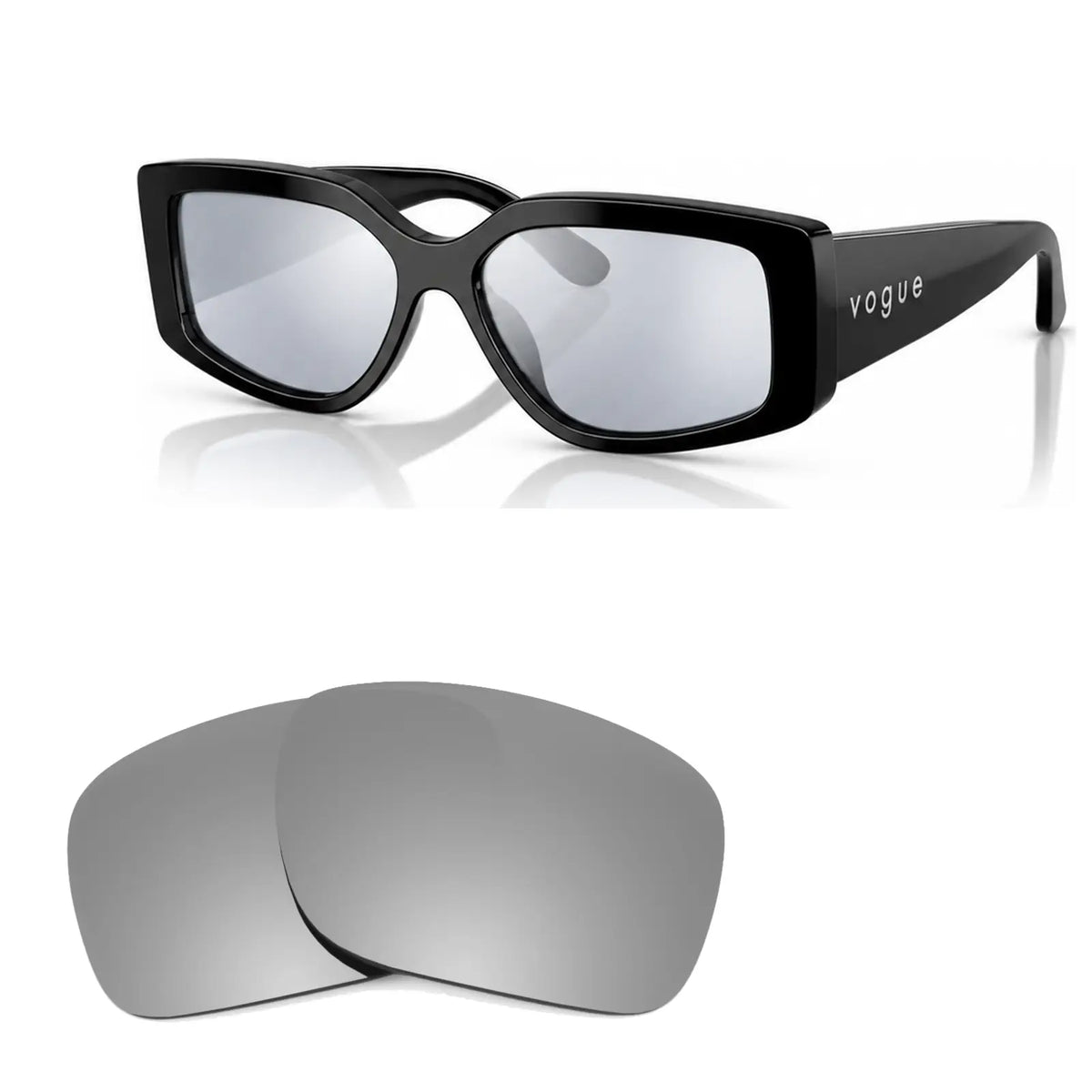 Vogue VO5642SU replacement lenses in mirrored silver, angled view of the frame with the pair of lenses below · ReFramed