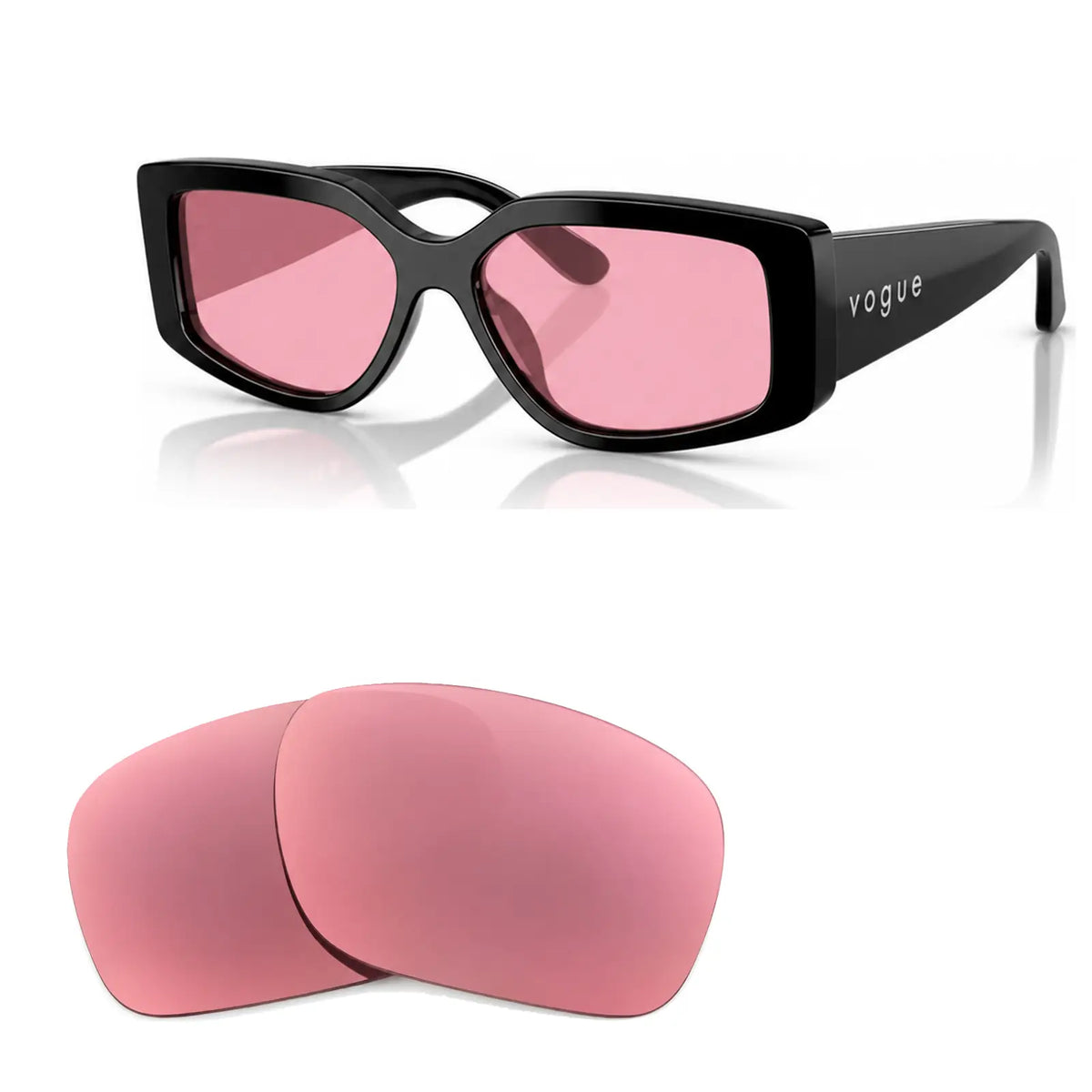 Vogue VO5642SU replacement lenses in pink, angled view of the frame with the pair of lenses below · ReFramed