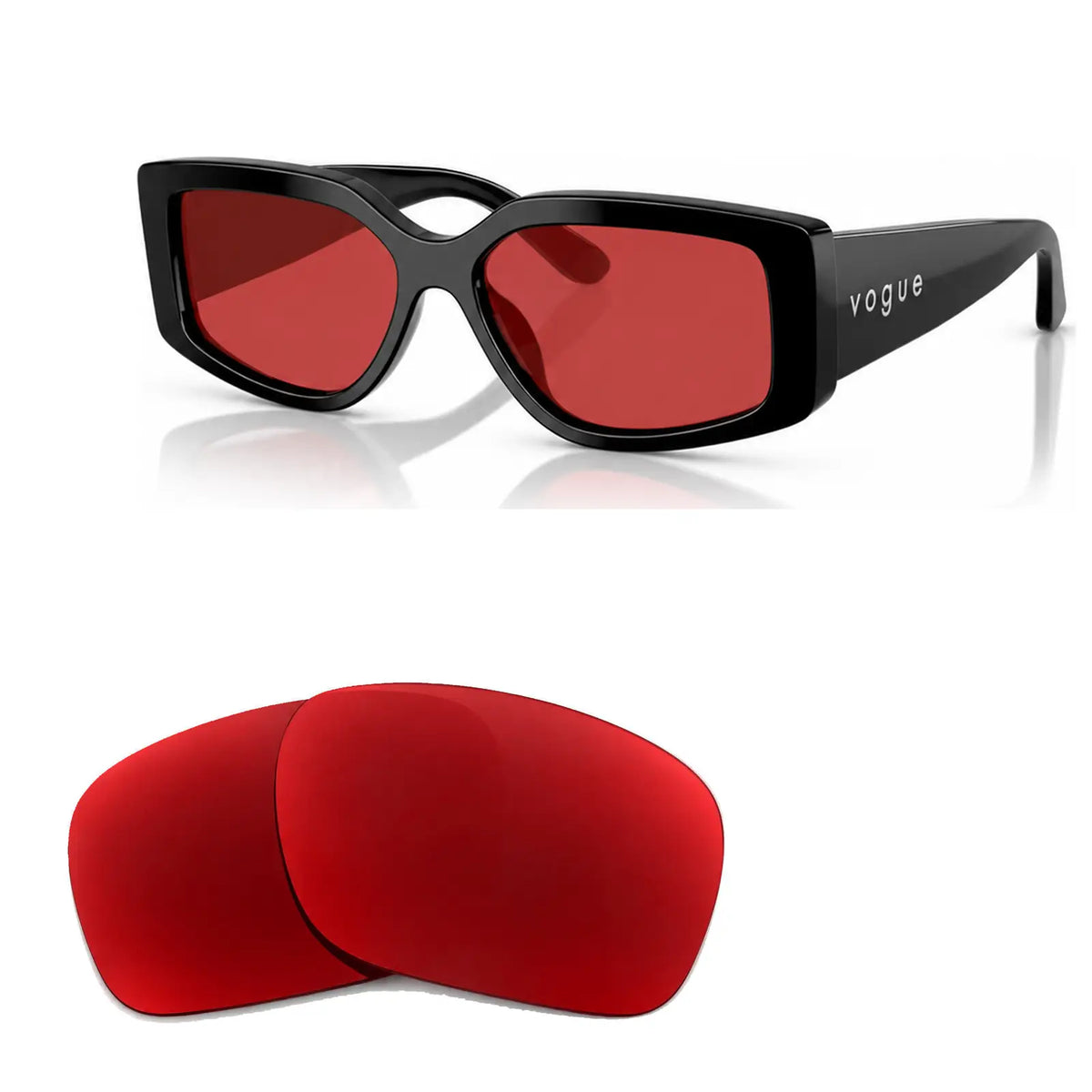 Vogue VO5642SU replacement lenses in red, angled view of the frame with the pair of lenses below · ReFramed
