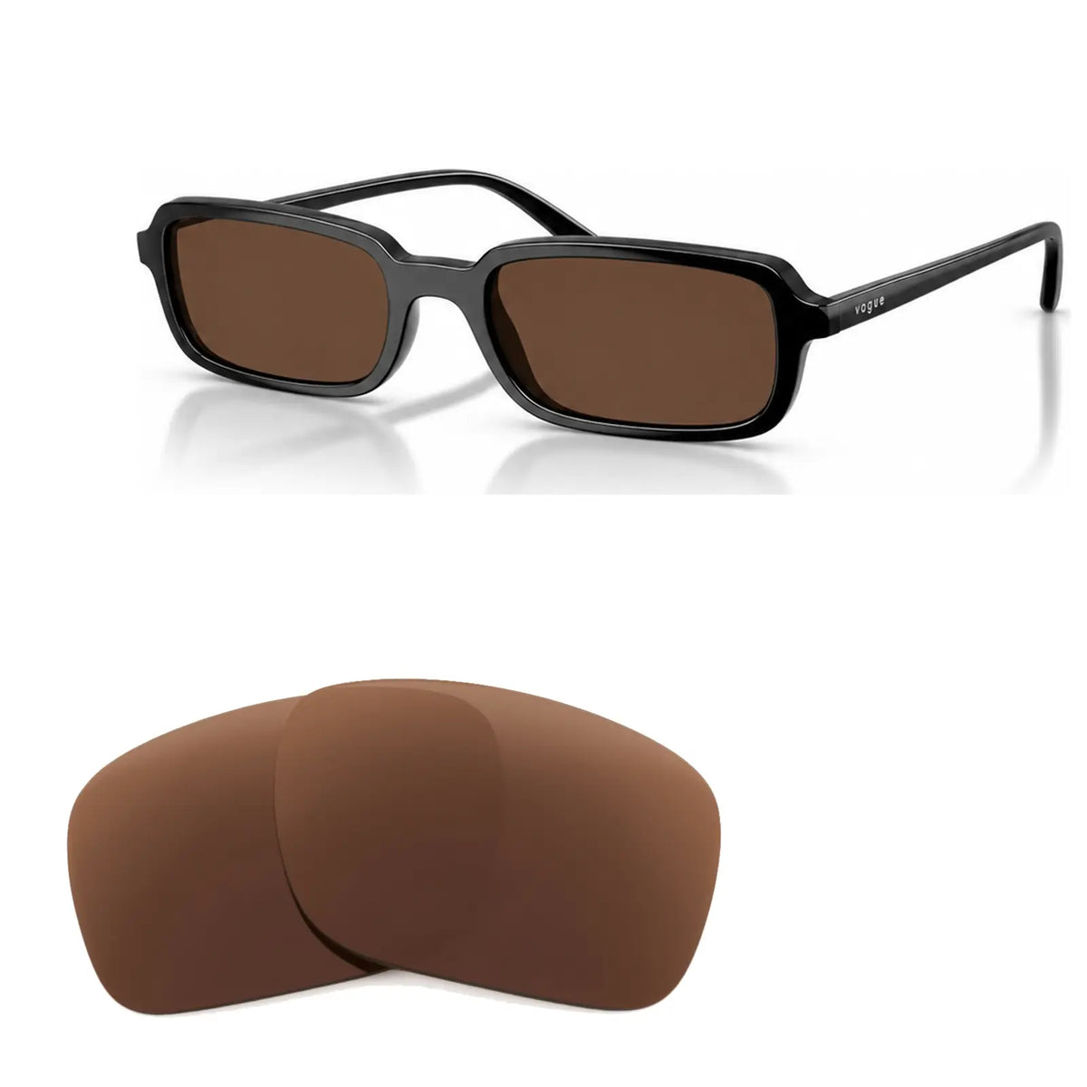 Vogue VO5666S replacement lenses in brown, angled view of the frame with the pair of lenses below · ReFramed