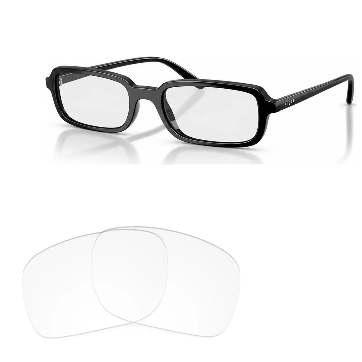 Vogue VO5666S replacement lenses in crystal clear, angled view of the frame with the pair of lenses below · ReFramed