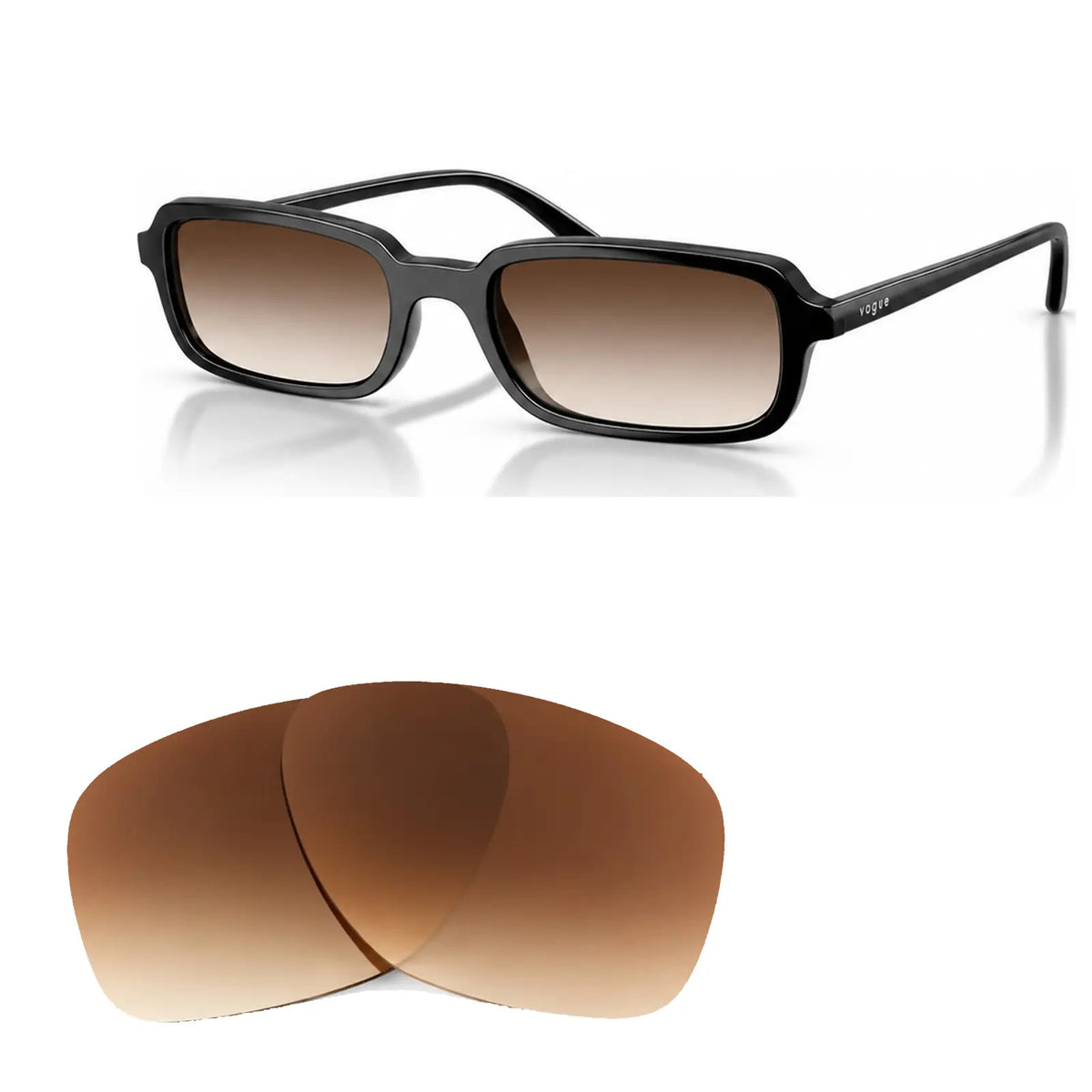 Vogue VO5666S replacement lenses in gradient brown, angled view of the frame with the pair of lenses below · ReFramed