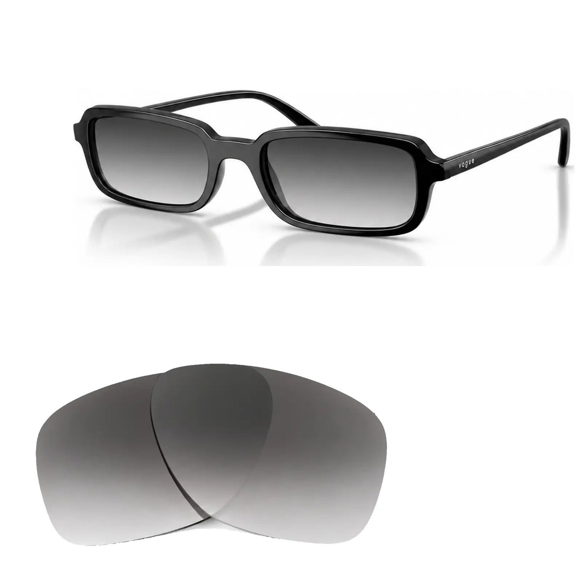 Vogue VO5666S replacement lenses in gradient gray, angled view of the frame with the pair of lenses below · ReFramed
