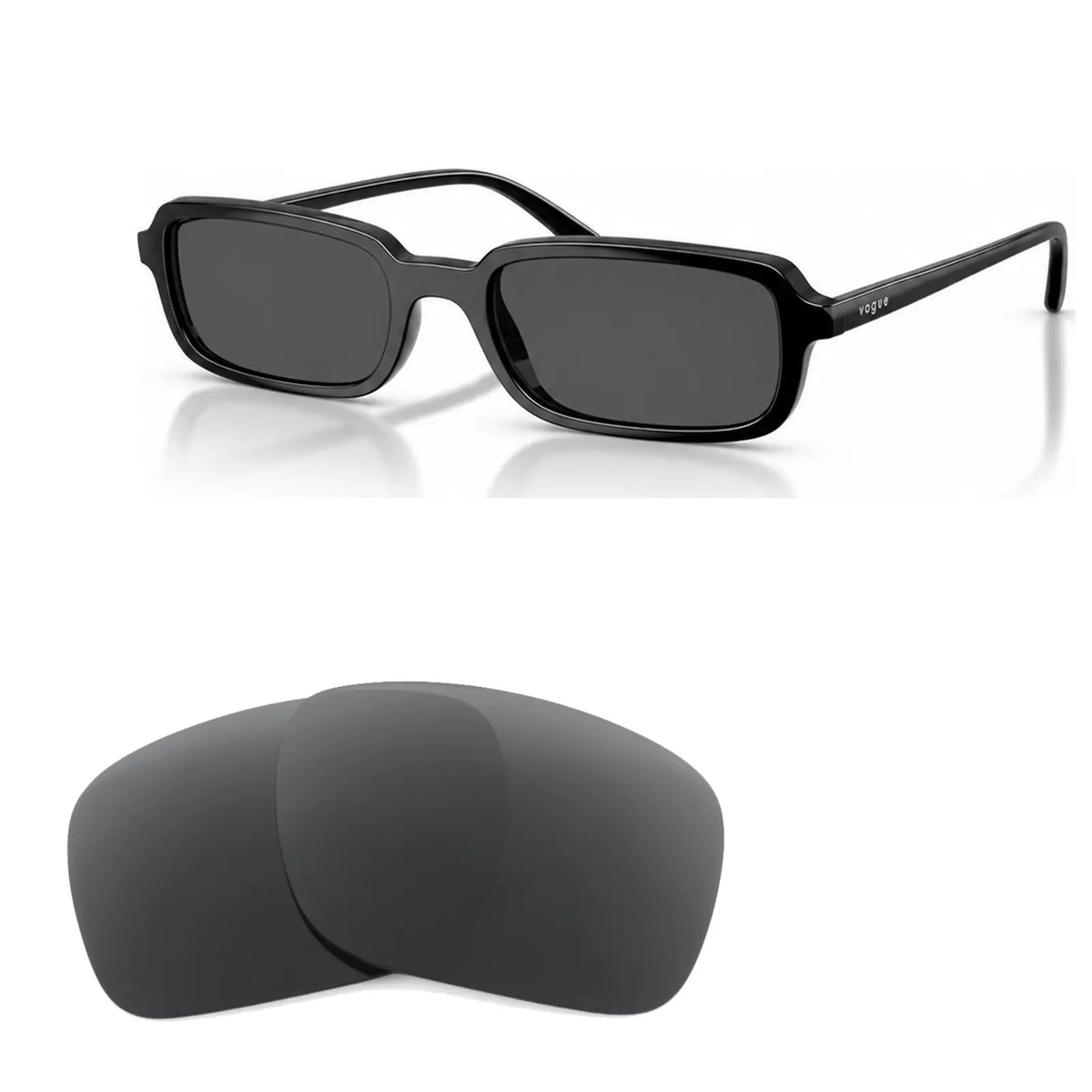 Vogue VO5666S replacement lenses in gray, angled view of the frame with the pair of lenses below · ReFramed