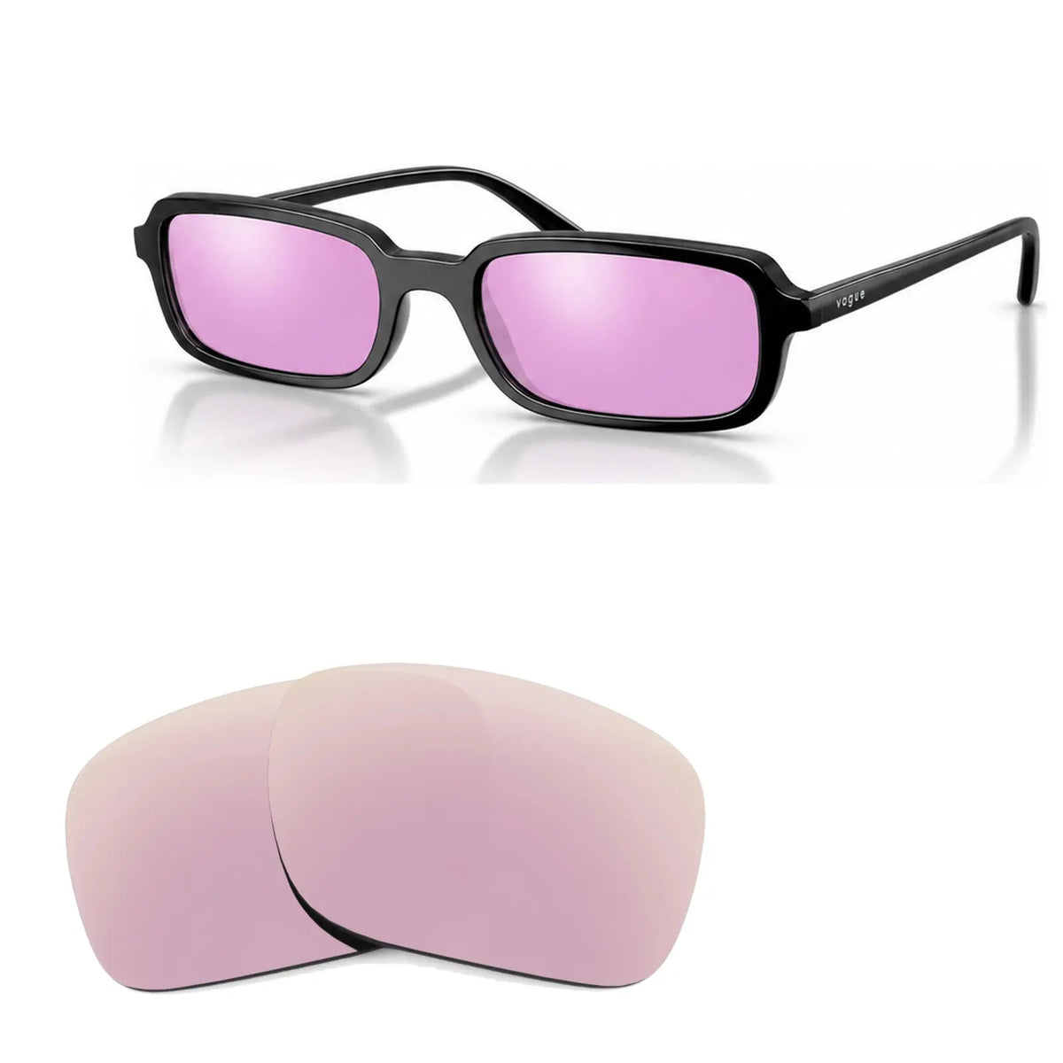 Vogue VO5666S replacement lenses in mirrored pink, angled view of the frame with the pair of lenses below · ReFramed