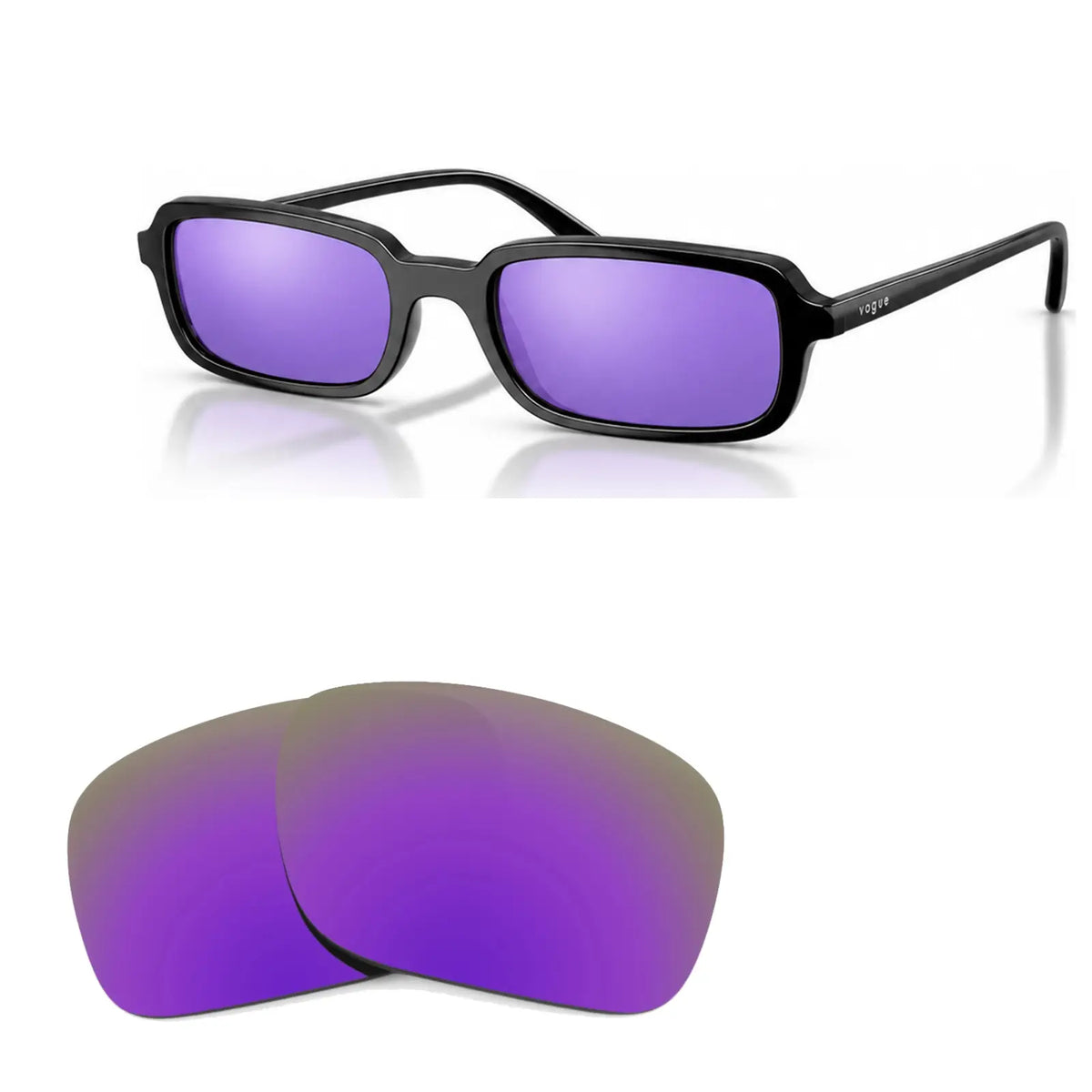 Vogue VO5666S replacement lenses in mirrored purple, angled view of the frame with the pair of lenses below · ReFramed