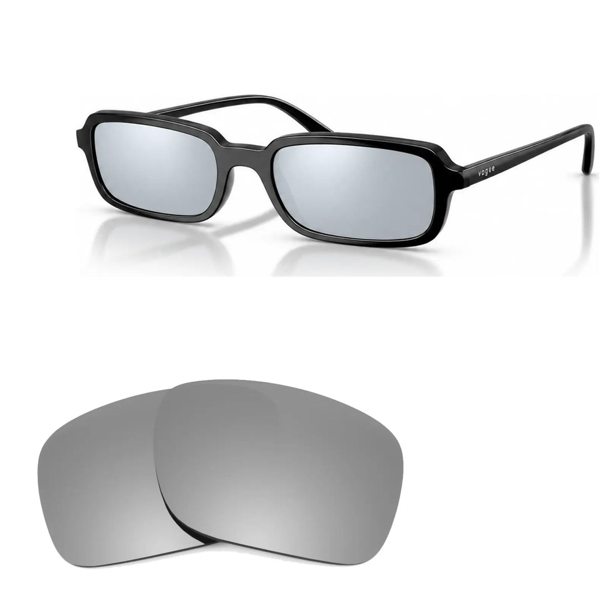 Vogue VO5666S replacement lenses in mirrored silver, angled view of the frame with the pair of lenses below · ReFramed