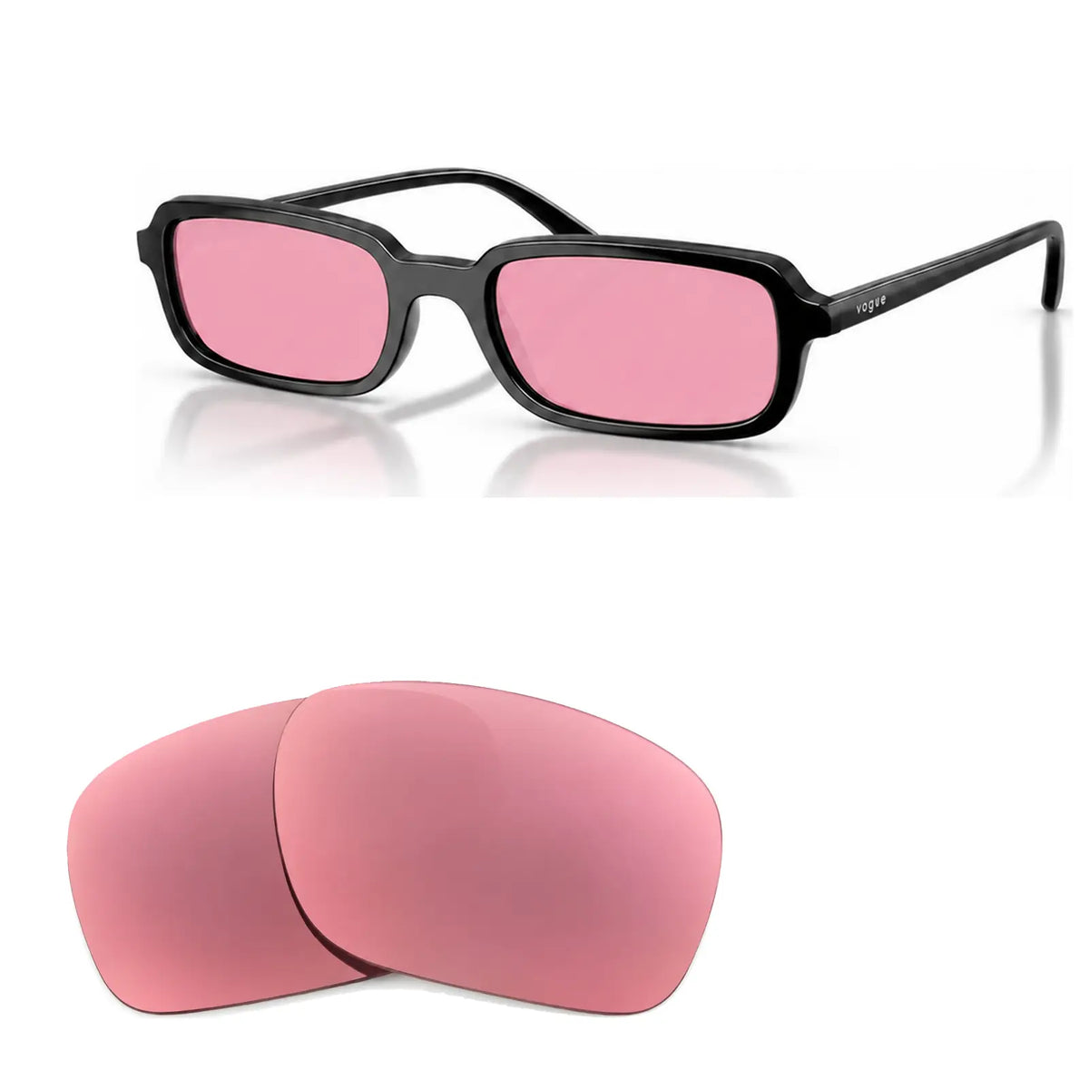 Vogue VO5666S replacement lenses in pink, angled view of the frame with the pair of lenses below · ReFramed