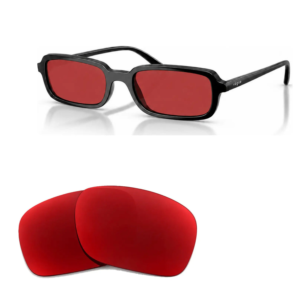 Vogue VO5666S replacement lenses in red, angled view of the frame with the pair of lenses below · ReFramed