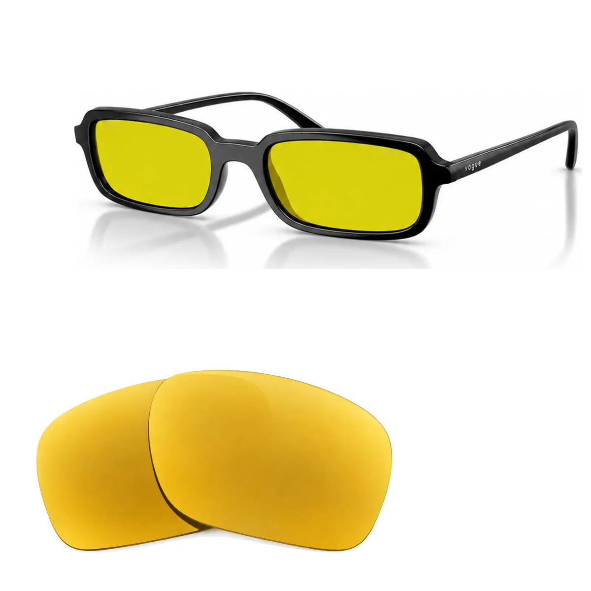 Vogue VO5666S replacement lenses in yellow, angled view of the frame with the pair of lenses below · ReFramed