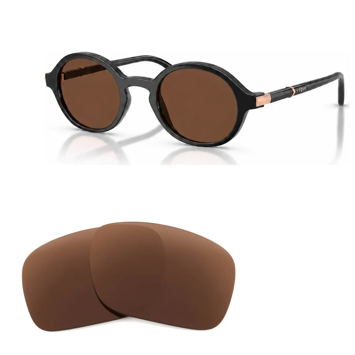 Vogue VO5692S replacement lenses in brown, angled view of the frame with the pair of lenses below · ReFramed