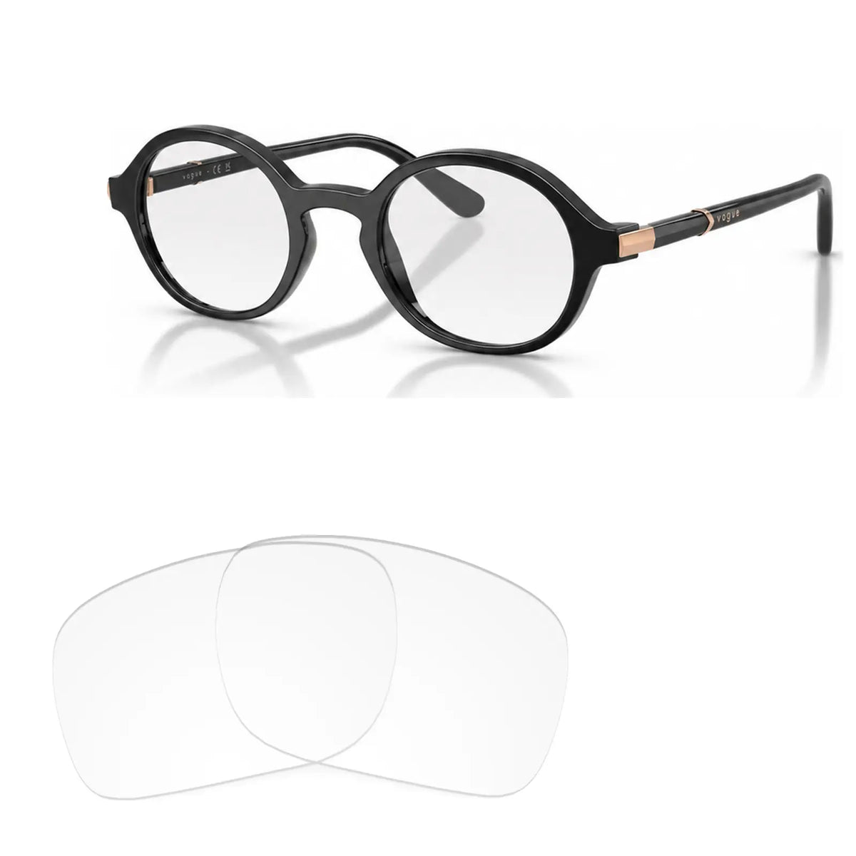 Vogue VO5692S replacement lenses in crystal clear, angled view of the frame with the pair of lenses below · ReFramed