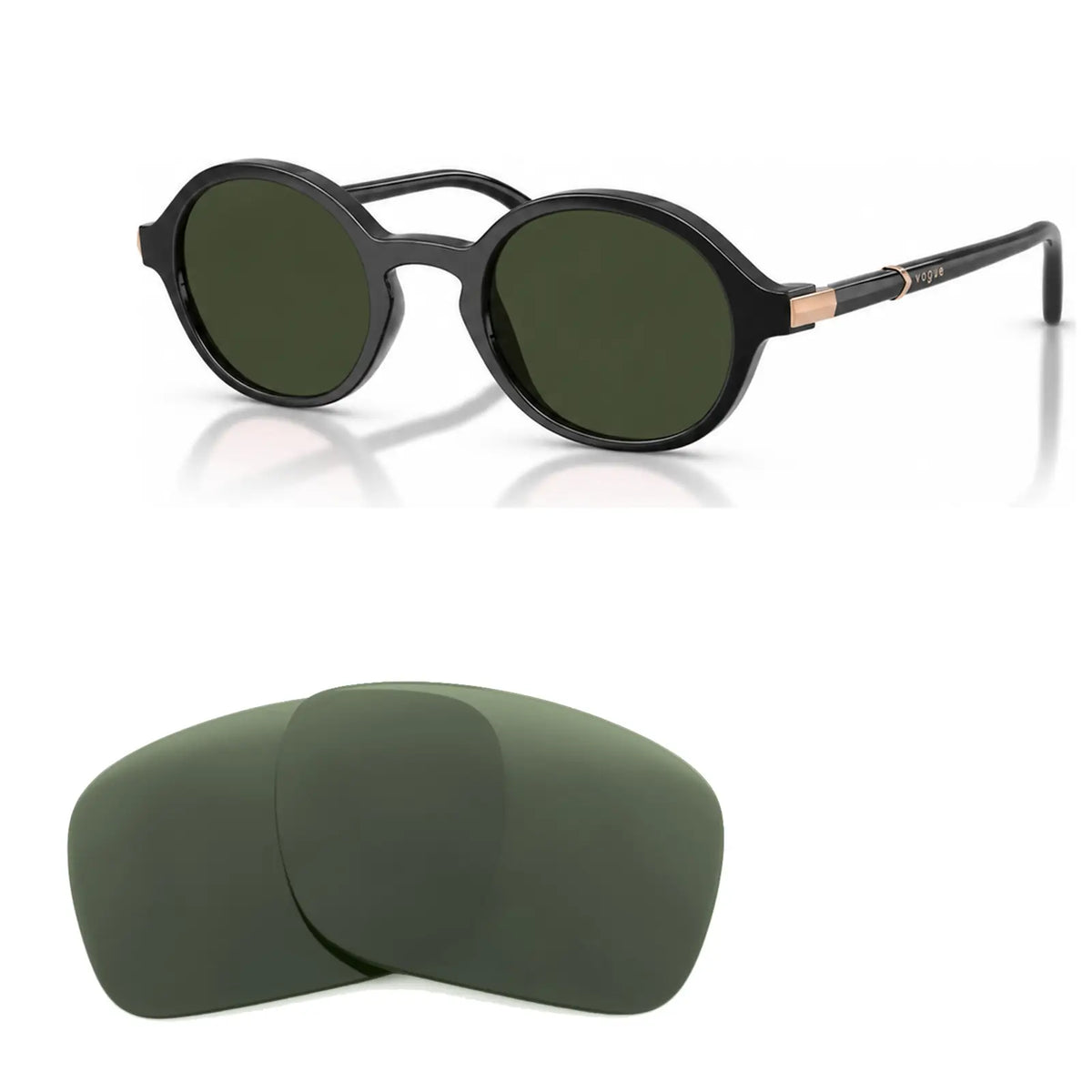 Vogue VO5692S replacement lenses in G15 green, angled view of the frame with the pair of lenses below · ReFramed