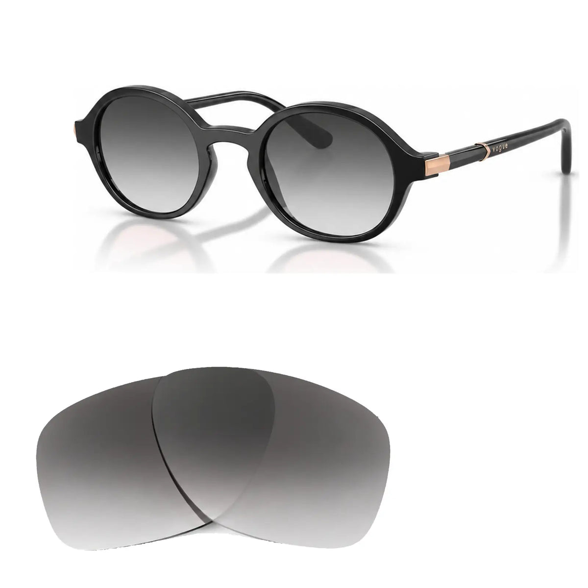 Vogue VO5692S replacement lenses in gradient gray, angled view of the frame with the pair of lenses below · ReFramed