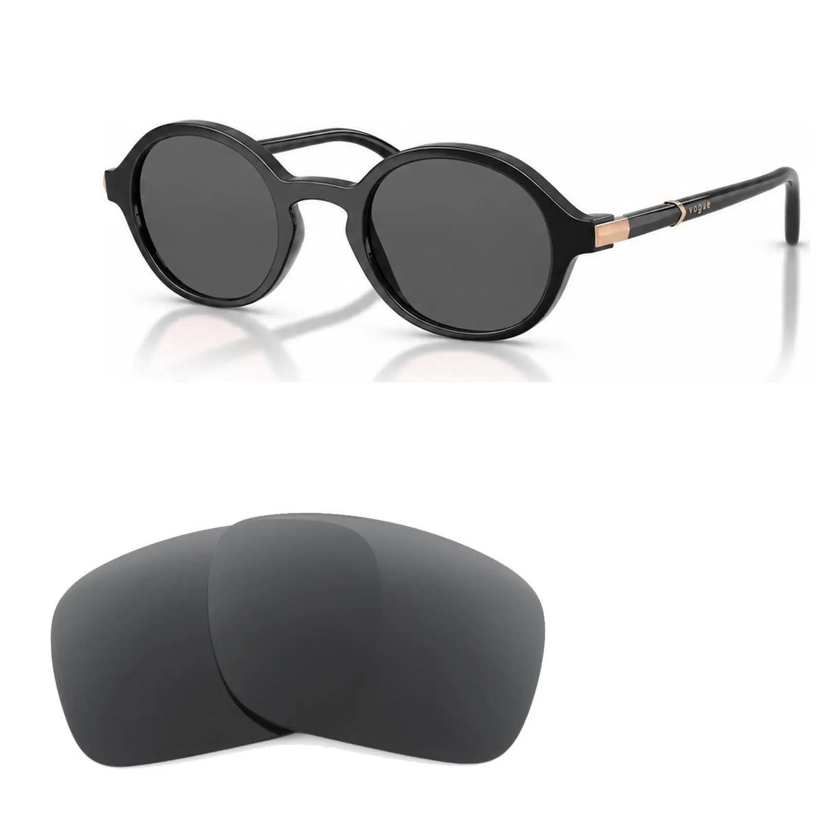 Vogue VO5692S replacement lenses in gray, angled view of the frame with the pair of lenses below · ReFramed