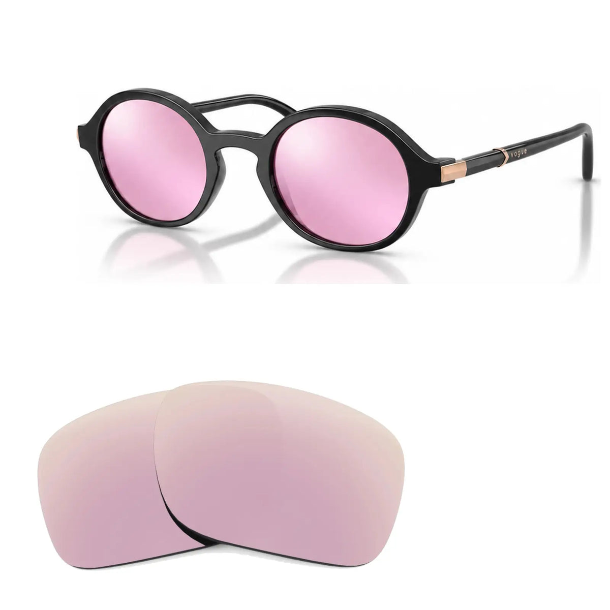 Vogue VO5692S replacement lenses in mirrored pink, angled view of the frame with the pair of lenses below · ReFramed