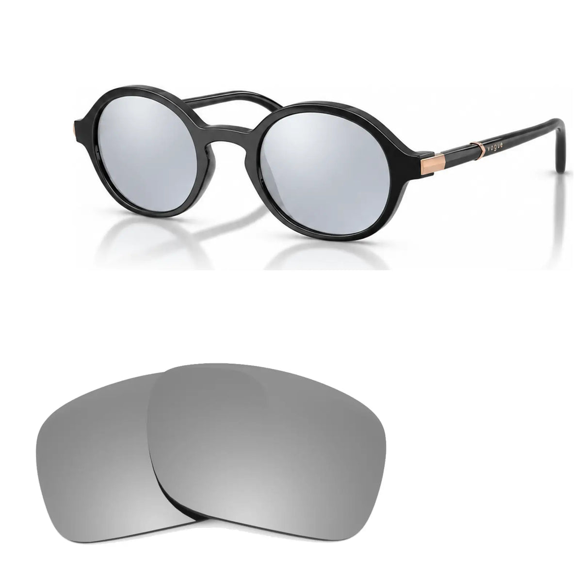 Vogue VO5692S replacement lenses in mirrored silver, angled view of the frame with the pair of lenses below · ReFramed