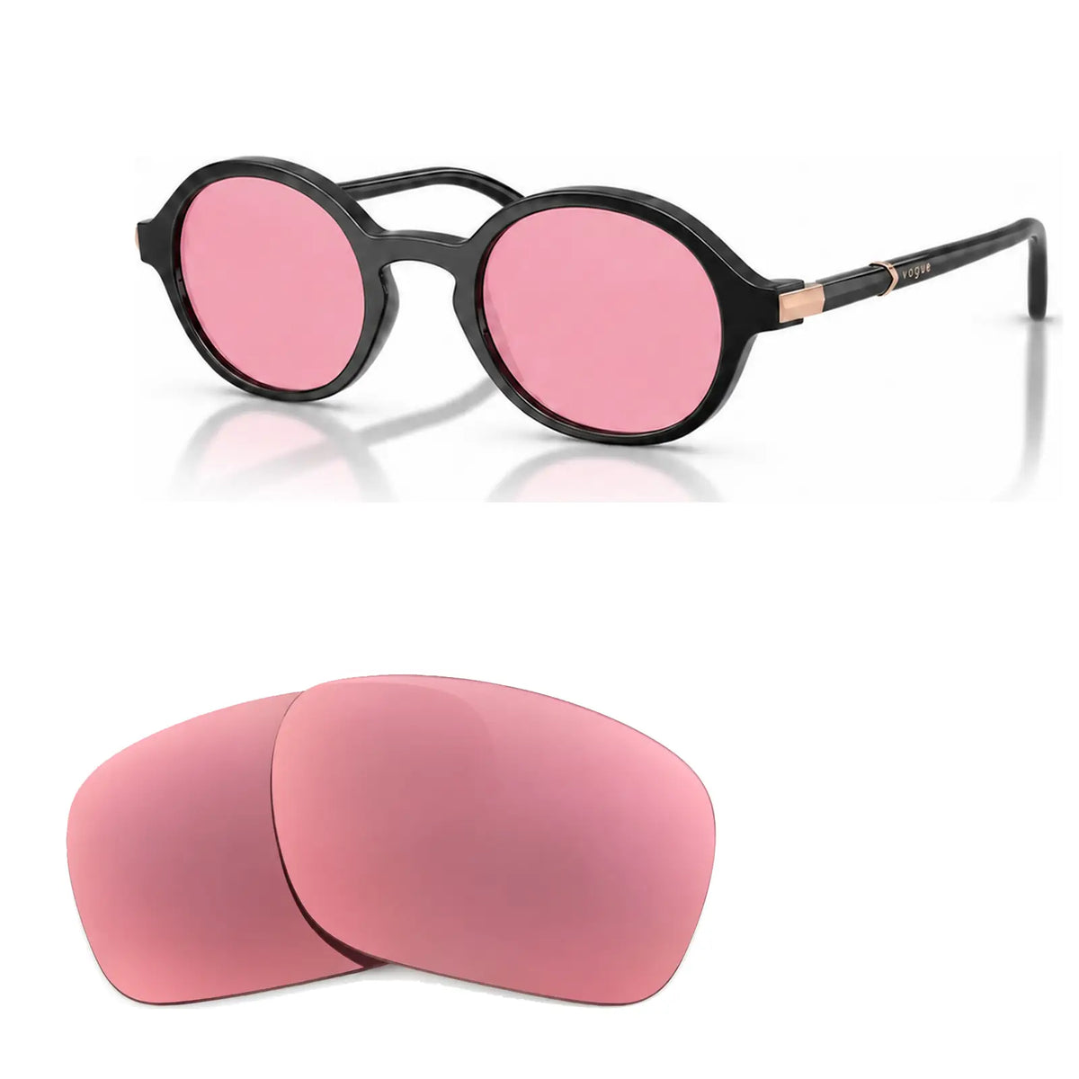 Vogue VO5692S replacement lenses in pink, angled view of the frame with the pair of lenses below · ReFramed