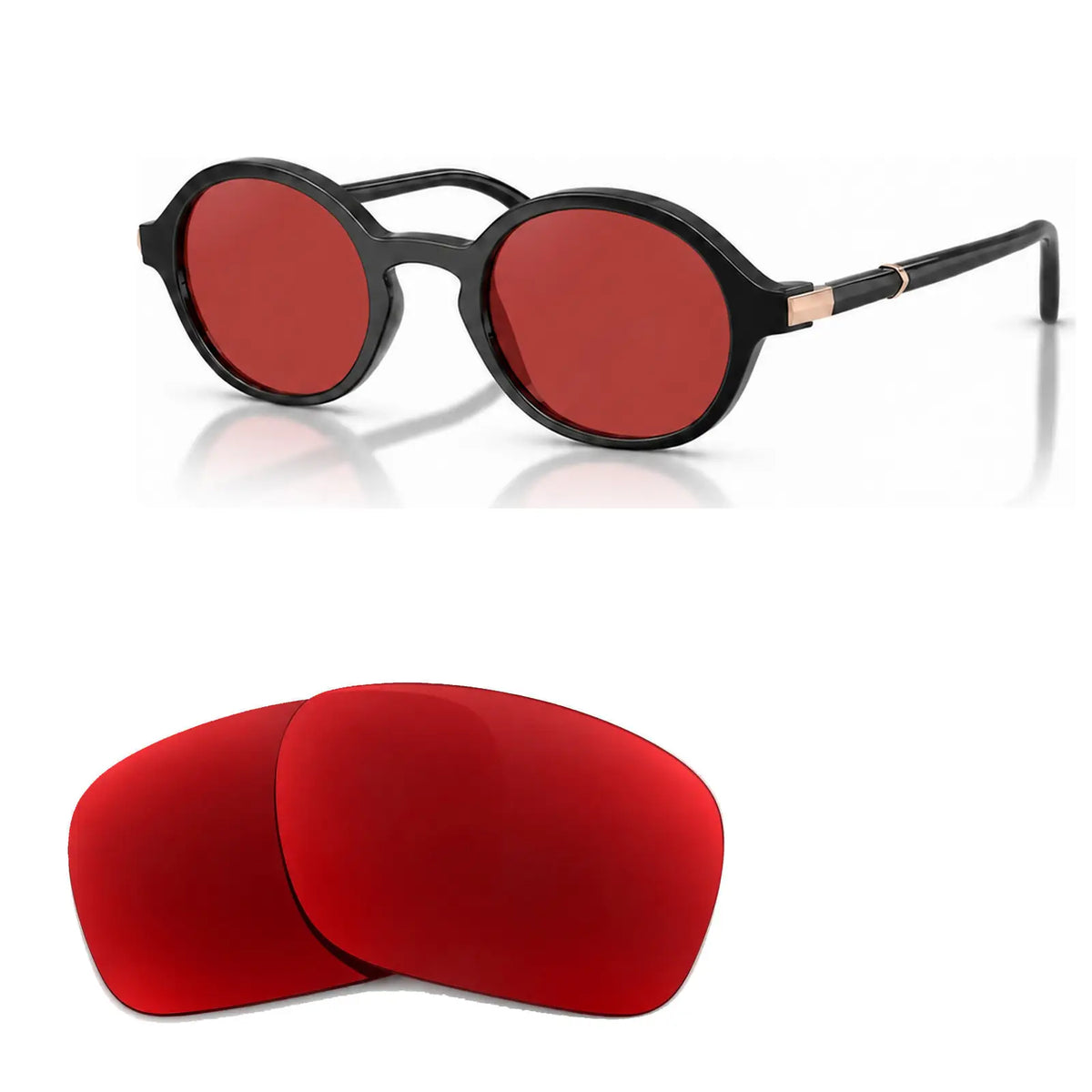Vogue VO5692S replacement lenses in red, angled view of the frame with the pair of lenses below · ReFramed
