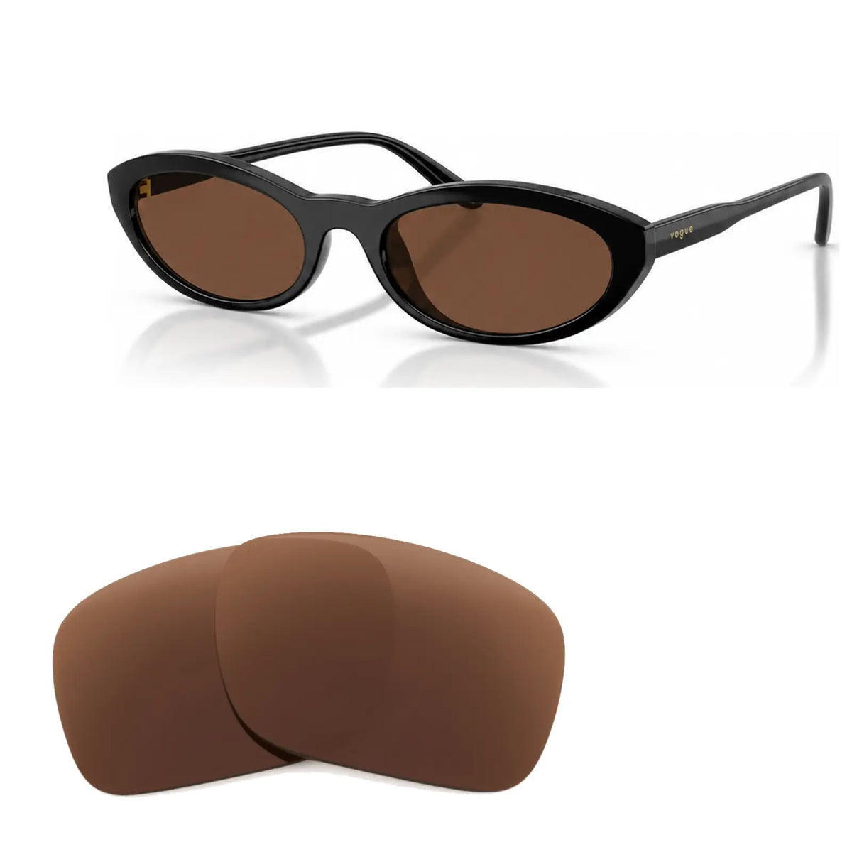 Vogue VO5697SU replacement lenses in brown, angled view of the frame with the pair of lenses below · ReFramed