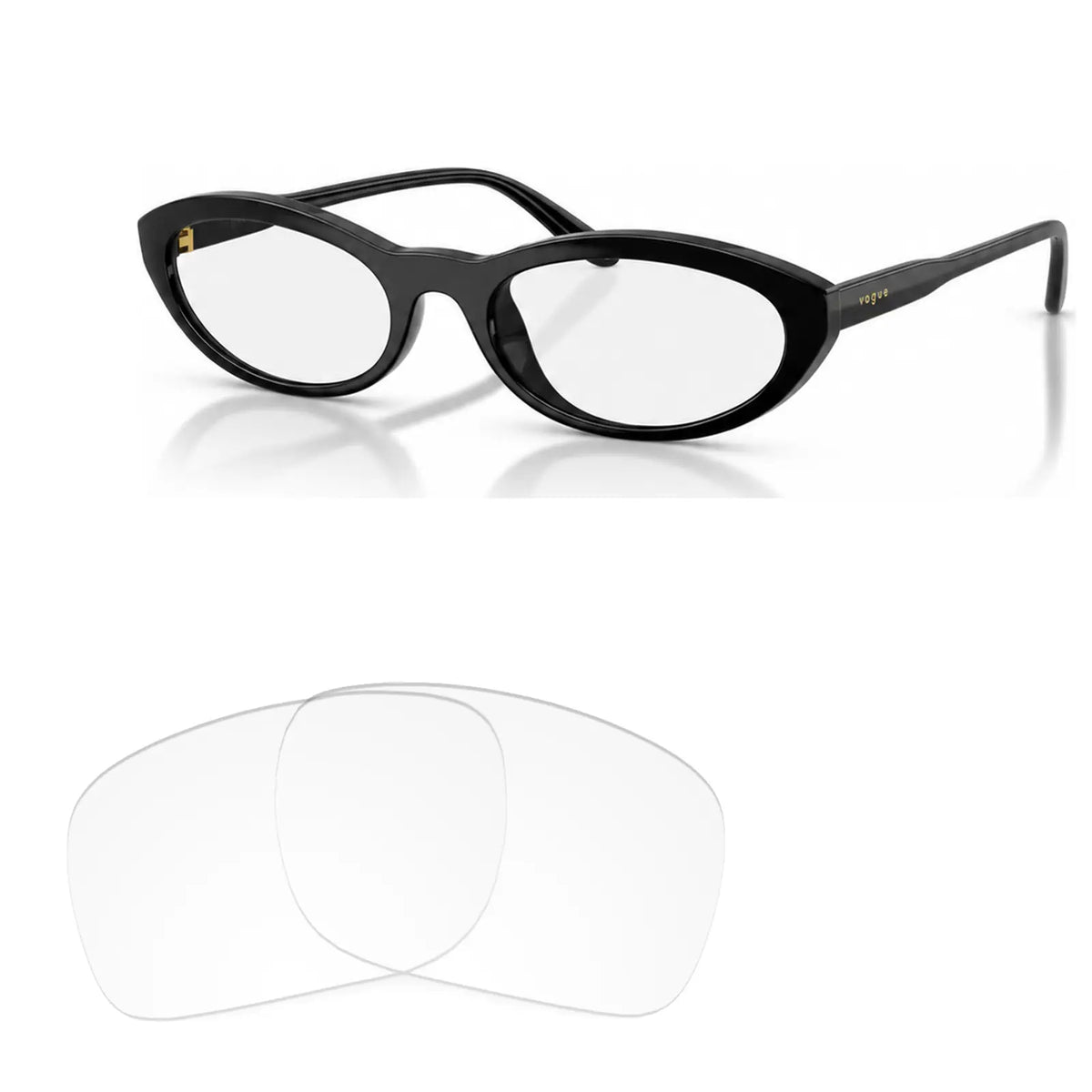 Vogue VO5697SU replacement lenses in crystal clear, angled view of the frame with the pair of lenses below · ReFramed