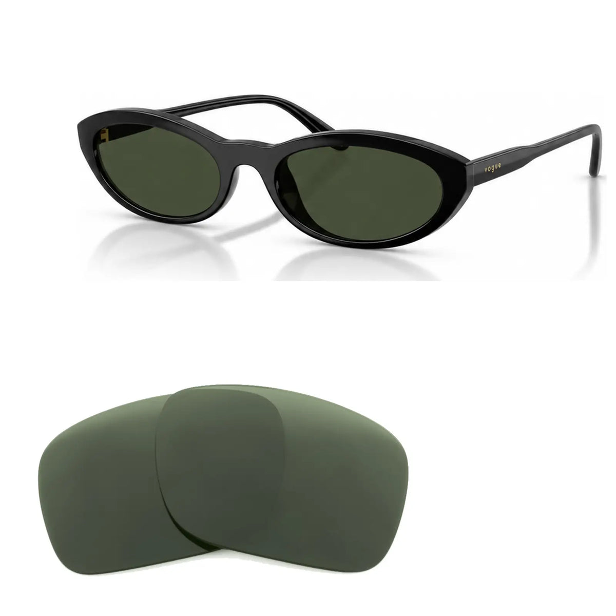 Vogue VO5697SU replacement lenses in G15 green, angled view of the frame with the pair of lenses below · ReFramed