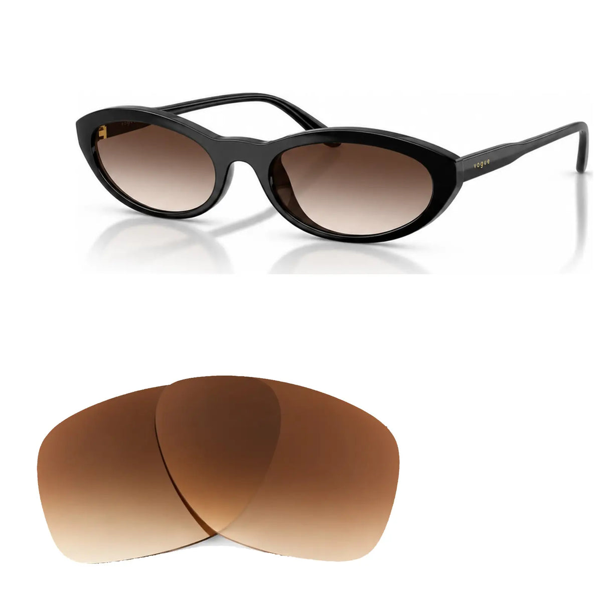 Vogue VO5697SU replacement lenses in gradient brown, angled view of the frame with the pair of lenses below · ReFramed