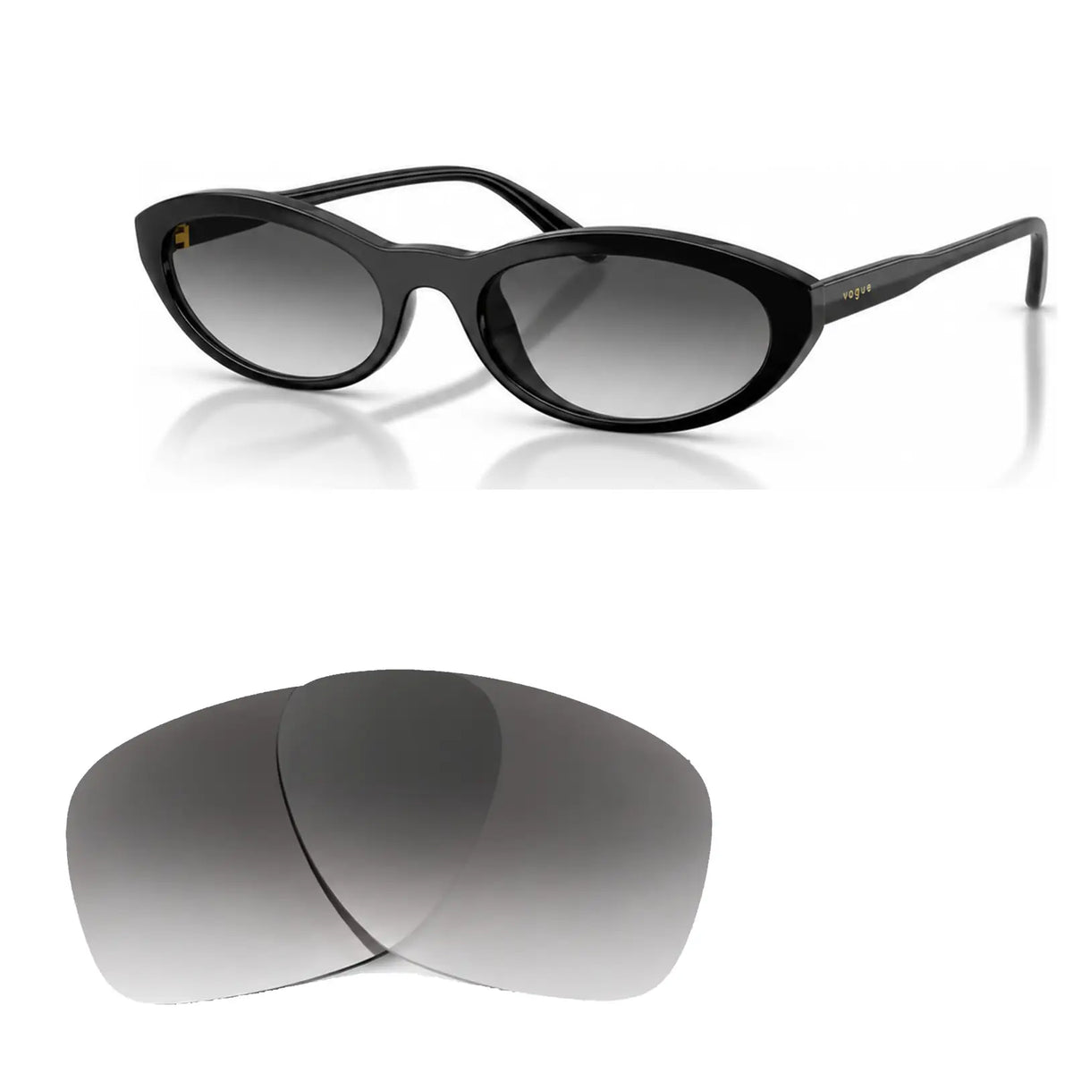 Vogue VO5697SU replacement lenses in gradient gray, angled view of the frame with the pair of lenses below · ReFramed