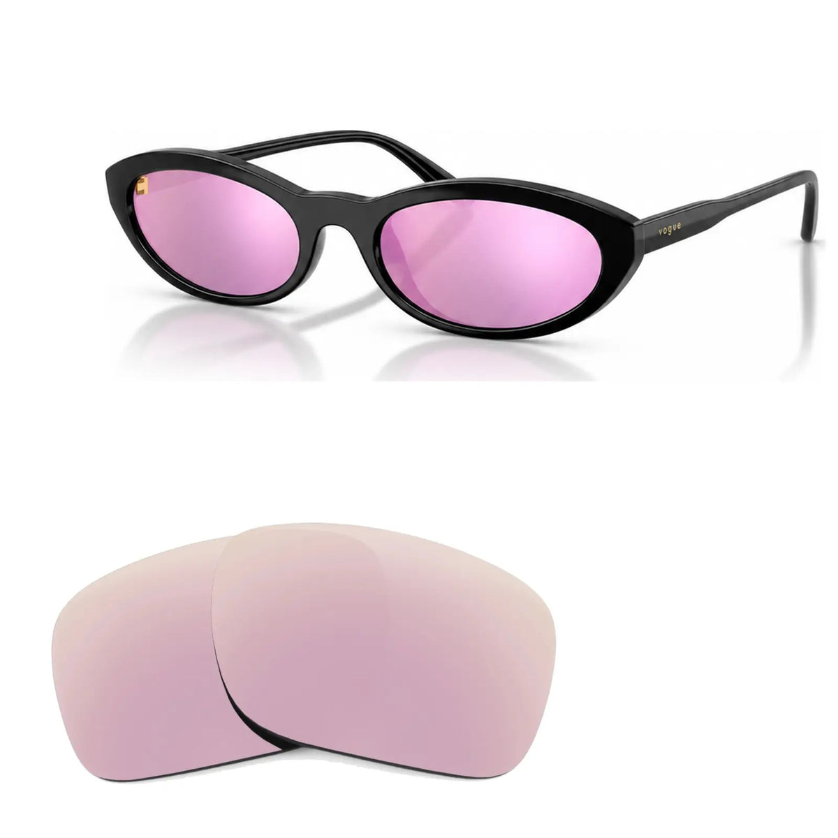 Vogue VO5697SU replacement lenses in mirrored pink, angled view of the frame with the pair of lenses below · ReFramed