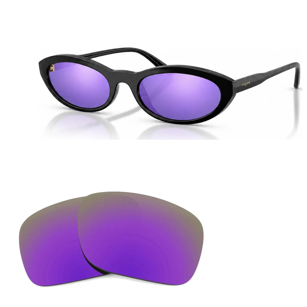 Vogue VO5697SU replacement lenses in mirrored purple, angled view of the frame with the pair of lenses below · ReFramed