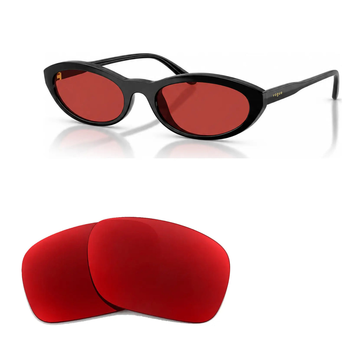 Vogue VO5697SU replacement lenses in red, angled view of the frame with the pair of lenses below · ReFramed